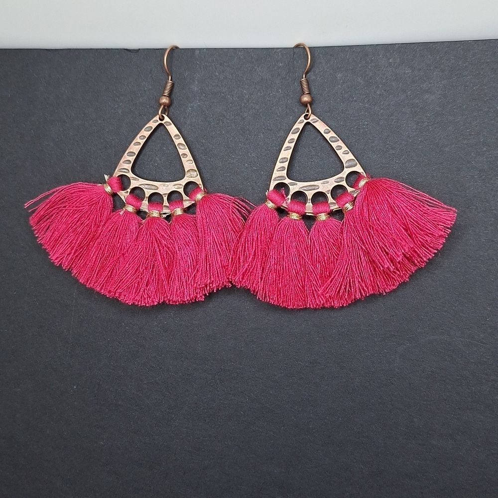 Pink tassel earrings bohochic fringe drop fan earrings statement jewelry